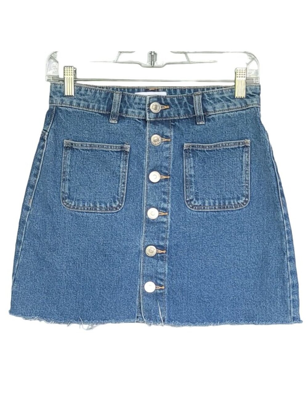Zara Denim Mini Skirt Button Front Raw Hem Patch Pockets High Waist Y2K. Size S